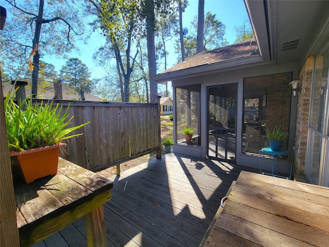 wooden deck with a sunroom