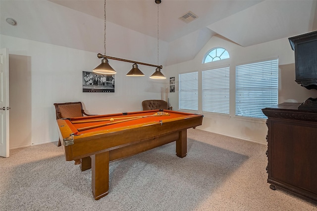 game room with carpet, vaulted ceiling, and billiards