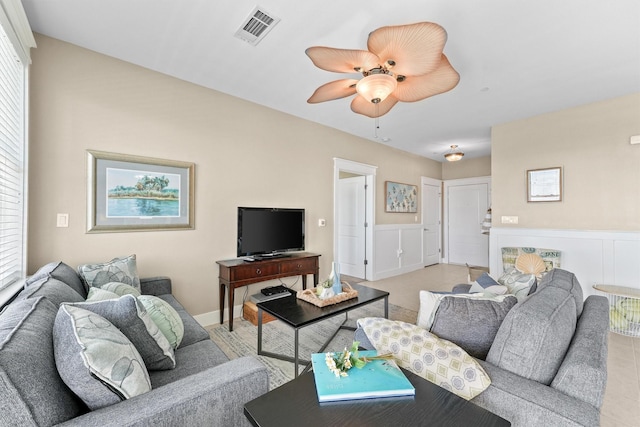 living room featuring ceiling fan