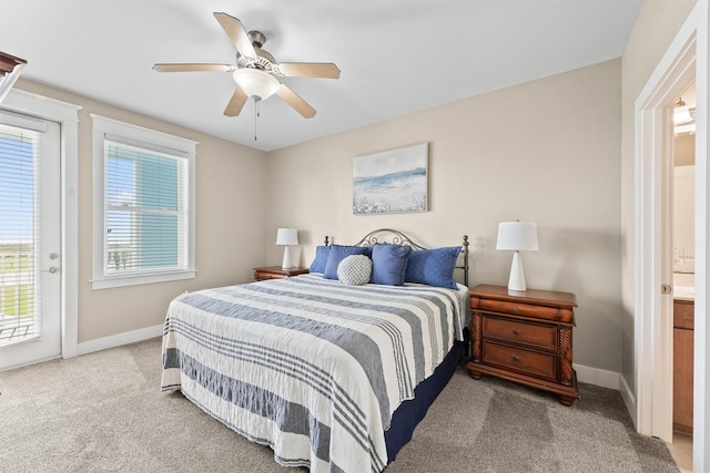 bedroom featuring access to exterior, carpet flooring, ceiling fan, and connected bathroom