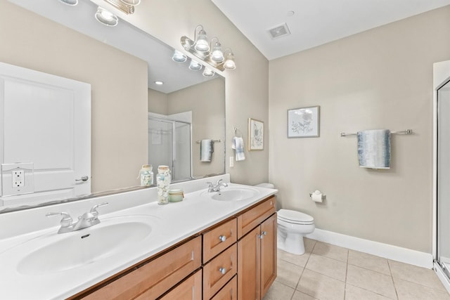 bathroom with tile patterned flooring, vanity, toilet, and a shower with door