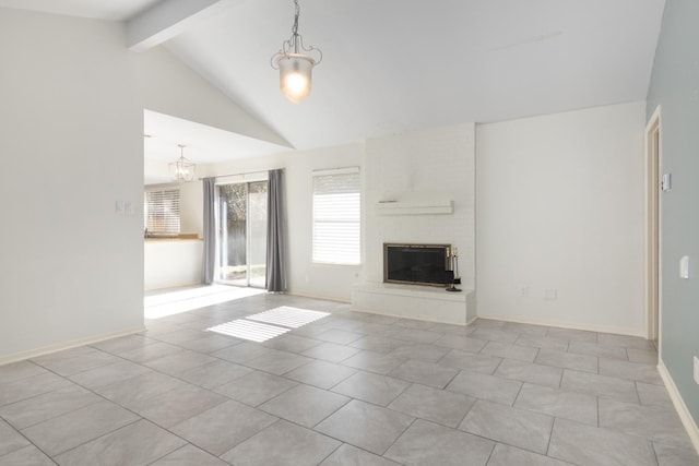 unfurnished living room featuring high vaulted ceiling, a brick fireplace, light tile patterned floors, beamed ceiling, and a notable chandelier