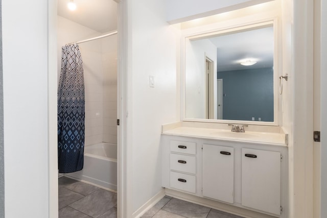 bathroom with tile patterned floors, vanity, and shower / tub combo