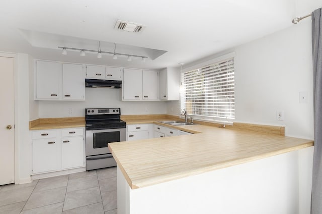 kitchen with kitchen peninsula, stainless steel electric stove, sink, light tile patterned floors, and white cabinetry