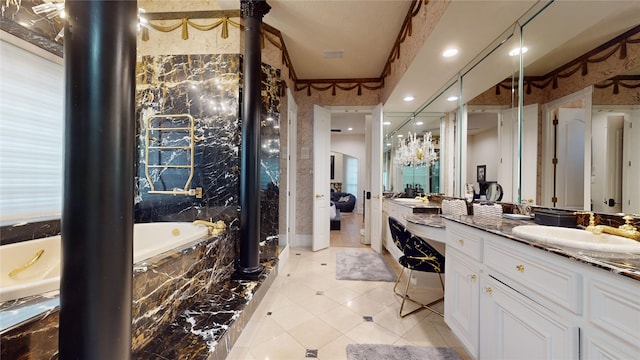 bathroom with vanity and tiled bath