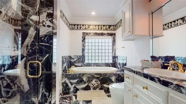 full bathroom with vanity, crown molding, separate shower and tub, toilet, and tile walls