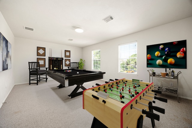 game room featuring light carpet and billiards