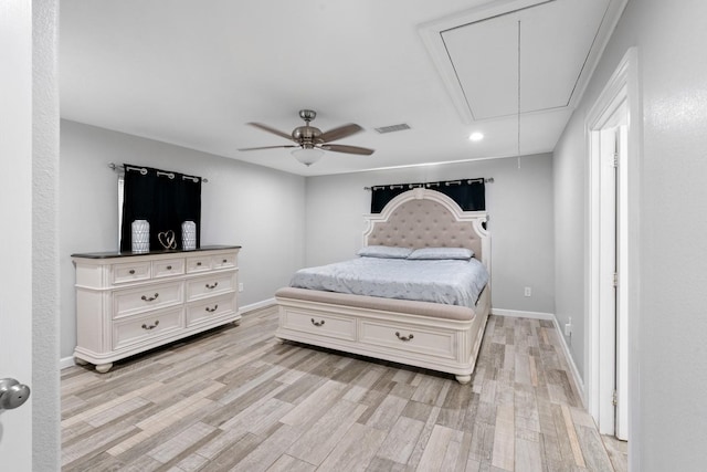 bedroom featuring ceiling fan and light hardwood / wood-style floors