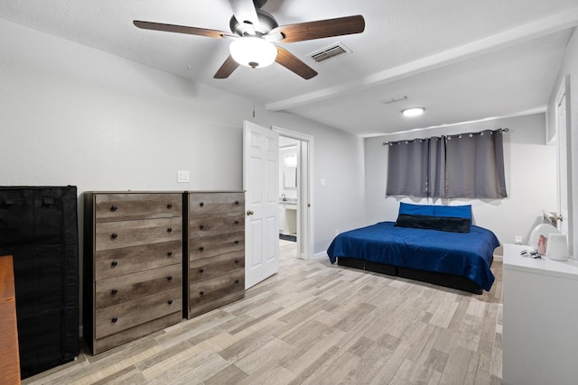 bedroom featuring ceiling fan and light wood-type flooring