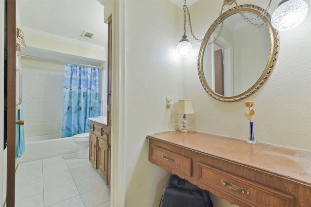 full bathroom featuring tile patterned flooring, toilet, shower / tub combo with curtain, vanity, and ornamental molding