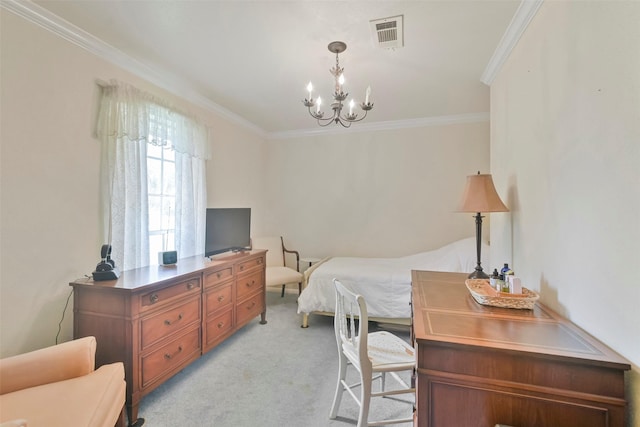 carpeted bedroom with a notable chandelier and crown molding