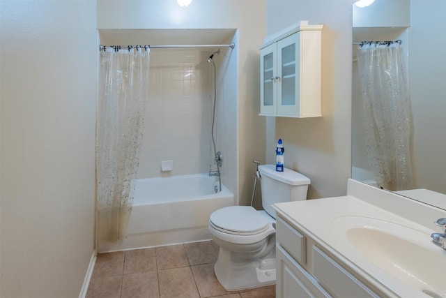 full bathroom with tile patterned floors, vanity, toilet, and shower / bathtub combination with curtain