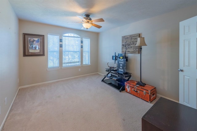 miscellaneous room featuring light carpet, a textured ceiling, and ceiling fan