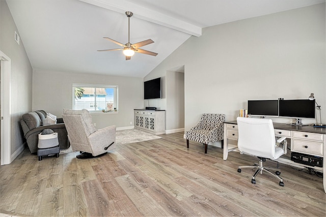 office featuring ceiling fan, lofted ceiling with beams, and light wood-type flooring