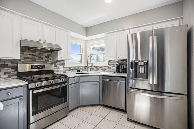 kitchen with white cabinets, sink, decorative backsplash, gray cabinets, and stainless steel appliances