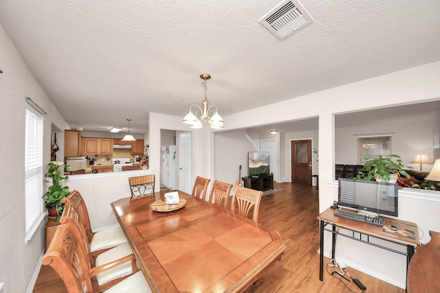 dining room featuring a notable chandelier, a textured ceiling, a wealth of natural light, and light hardwood / wood-style flooring