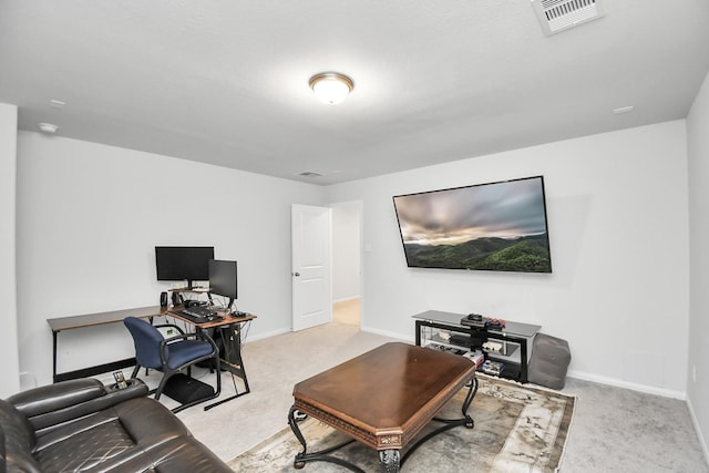 home office featuring light carpet