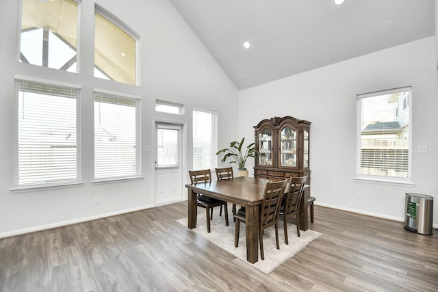 dining room featuring wood-type flooring and high vaulted ceiling