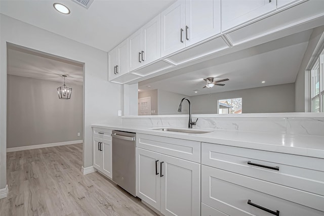 kitchen featuring ceiling fan, sink, white cabinets, and stainless steel dishwasher