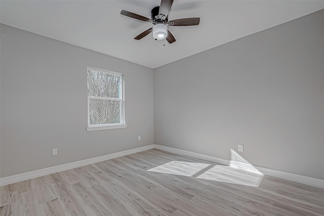 empty room with ceiling fan and light hardwood / wood-style floors