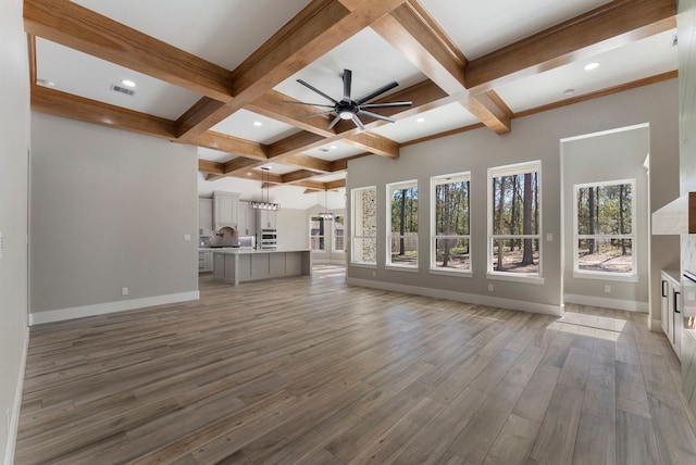 unfurnished living room featuring beamed ceiling, hardwood / wood-style floors, ceiling fan, and coffered ceiling