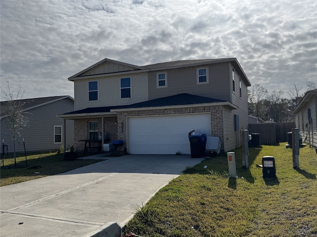 front facade with central AC, a garage, and a front lawn