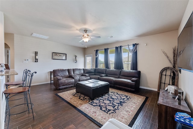 living room with ceiling fan