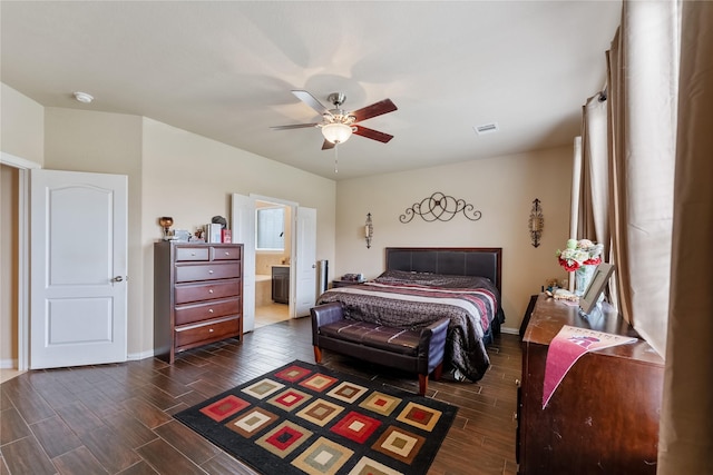 bedroom featuring ensuite bath and ceiling fan