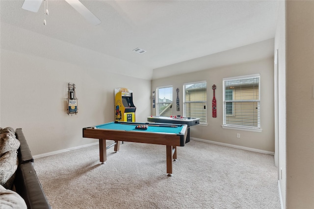 rec room featuring ceiling fan, carpet, vaulted ceiling, and pool table