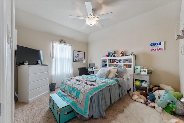 bedroom with ceiling fan and light colored carpet