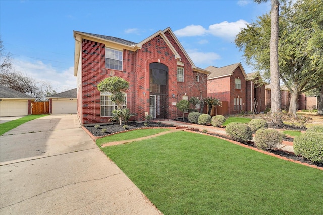 front facade featuring a front lawn and a garage