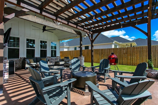 view of patio / terrace with a pergola, an outdoor hangout area, and ceiling fan