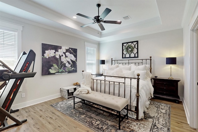 bedroom featuring multiple windows, a tray ceiling, and ceiling fan