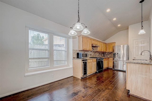 kitchen with hanging light fixtures, sink, stainless steel appliances, and vaulted ceiling