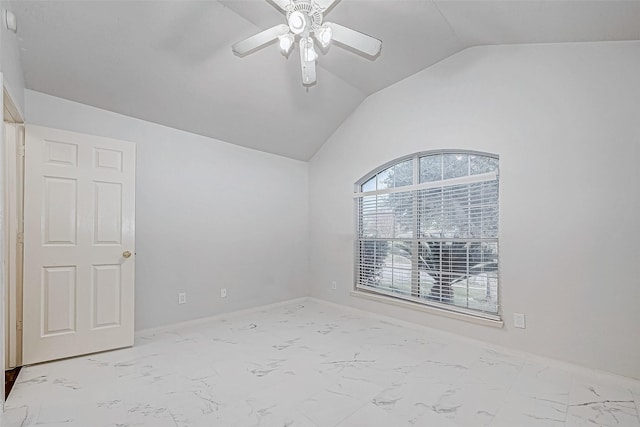 unfurnished room featuring ceiling fan and vaulted ceiling