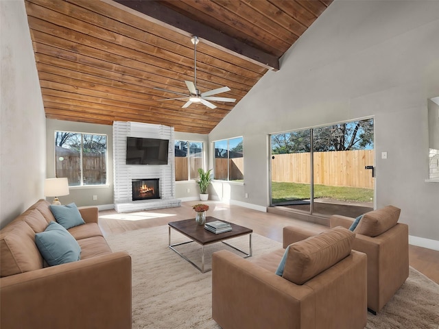 living room featuring beam ceiling, a brick fireplace, a wealth of natural light, and wooden ceiling