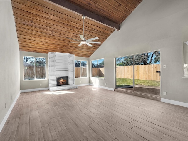 unfurnished living room featuring high vaulted ceiling, ceiling fan, a fireplace, beam ceiling, and wood ceiling