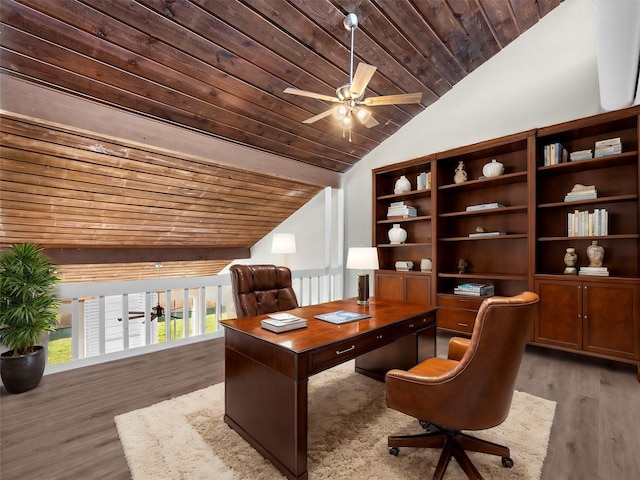 home office with ceiling fan, hardwood / wood-style floors, wood ceiling, and lofted ceiling