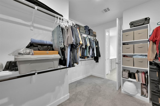 walk in closet with light colored carpet