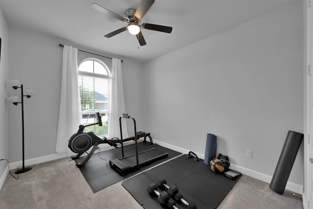 exercise area featuring ceiling fan and light carpet