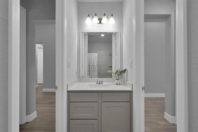 bathroom featuring hardwood / wood-style floors, vanity, and a shower with shower curtain