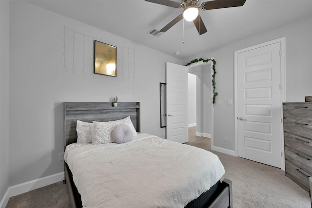 bedroom featuring ceiling fan and carpet floors