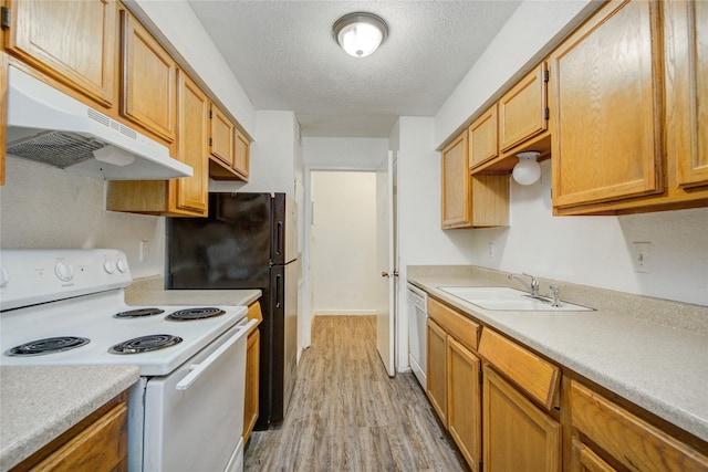 9797 Leawood Blvd Unit 903, Houston, TX 77099 - kitchen featuring white appliances, under cabinet range hood, a sink, light wood-type flooring, and light countertops