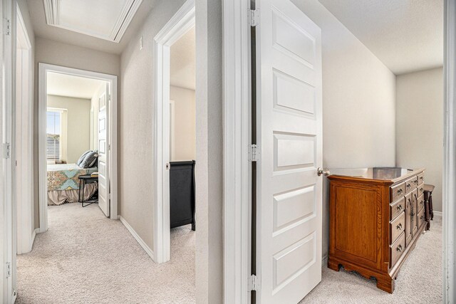 bedroom with light colored carpet