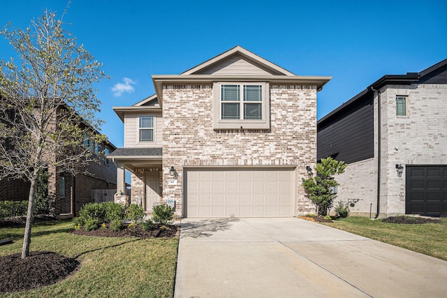 view of front of property featuring concrete driveway, an attached garage, brick siding, and a front lawn