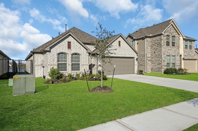 french country home with a garage and a front yard