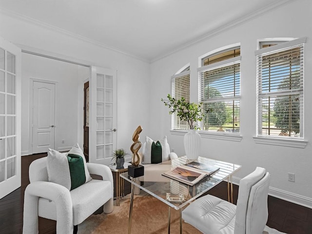 interior space featuring french doors, ornamental molding, and dark hardwood / wood-style floors