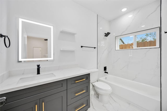 bathroom featuring marble finish floor, recessed lighting, toilet, vanity, and shower / tub combination