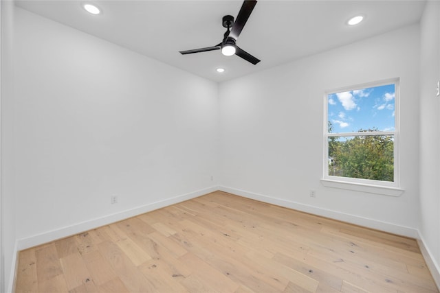 unfurnished room featuring baseboards, ceiling fan, recessed lighting, and light wood-style floors