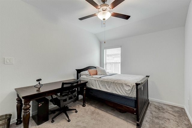 bedroom featuring ceiling fan, light carpet, and lofted ceiling